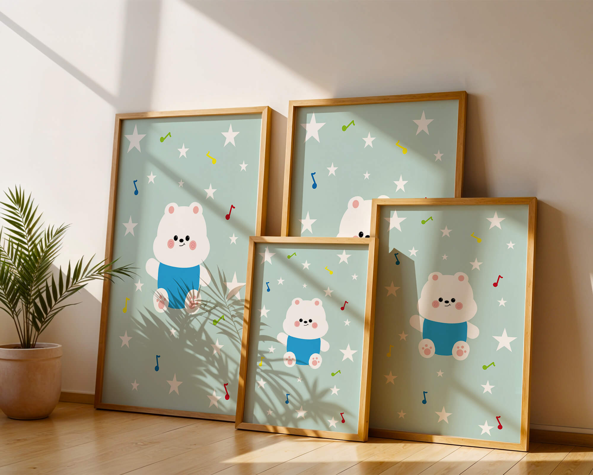 Playful bear illustration with musical notes and stars