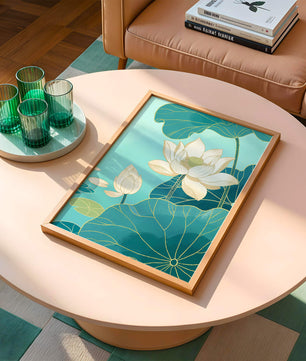Lotus Flowers with Golden Accents on Aqua Background