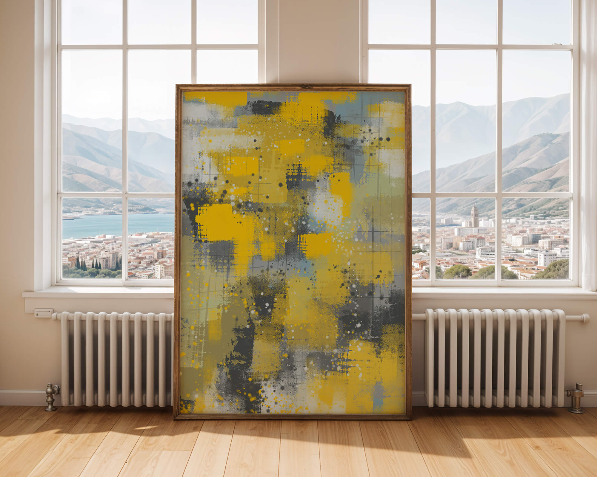 Abstract Yellow and Gray Geometric Art with Textured Patterns - Mi tienda