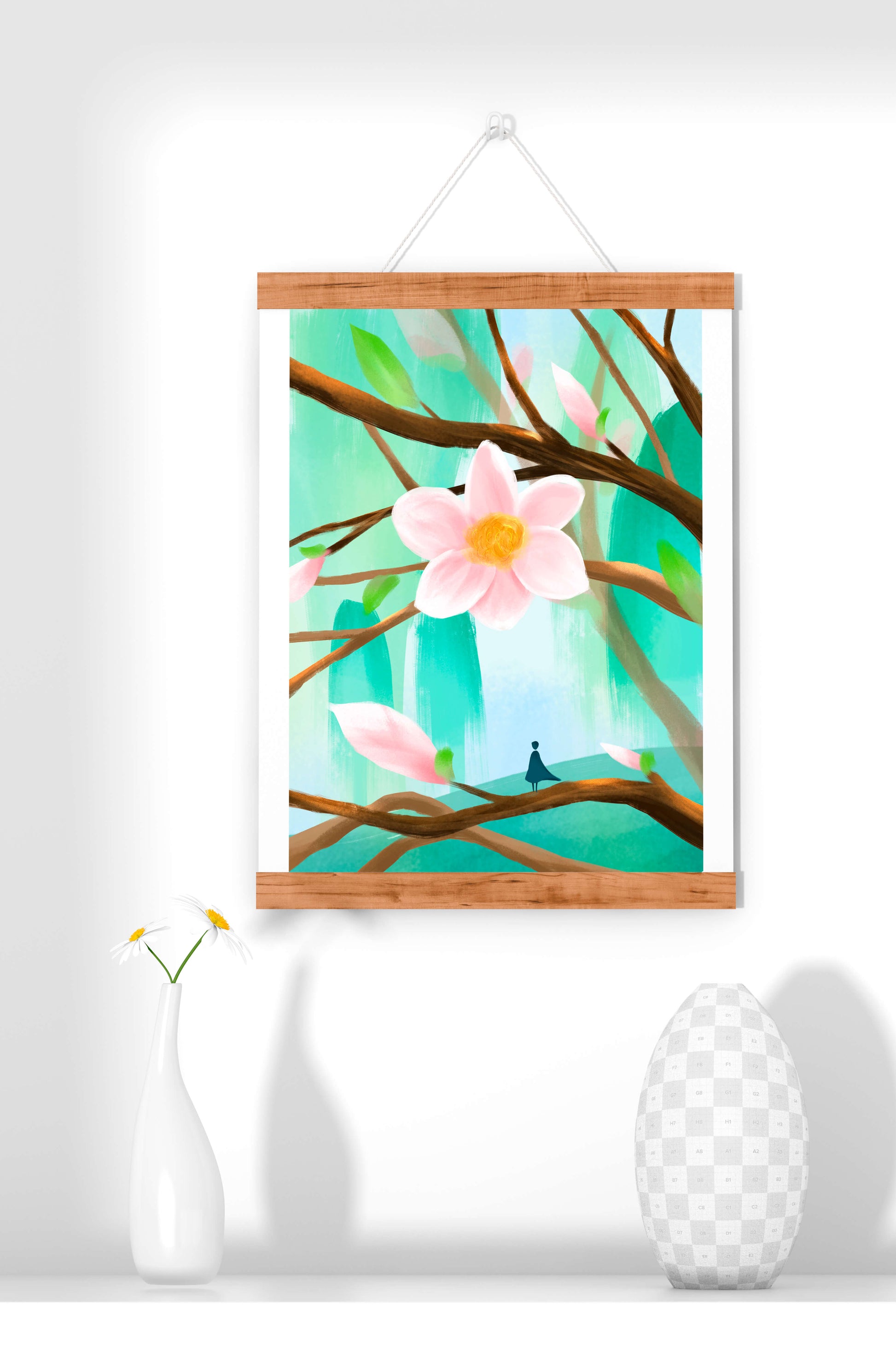 Serene floral artwork with large pink flower on tree branches