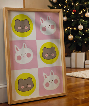 Diseño de patrones de animales juguetones con caras de osos y conejos en colores pastel