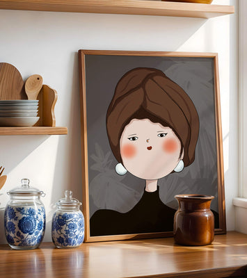 Elegant portrait of a woman with a unique headscarf and expressive features
