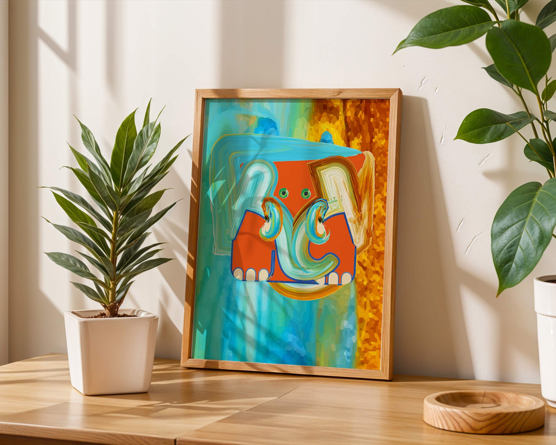 Pintura abstracta colorida de un elefante con tonos vibrantes y pinceladas artísticas.