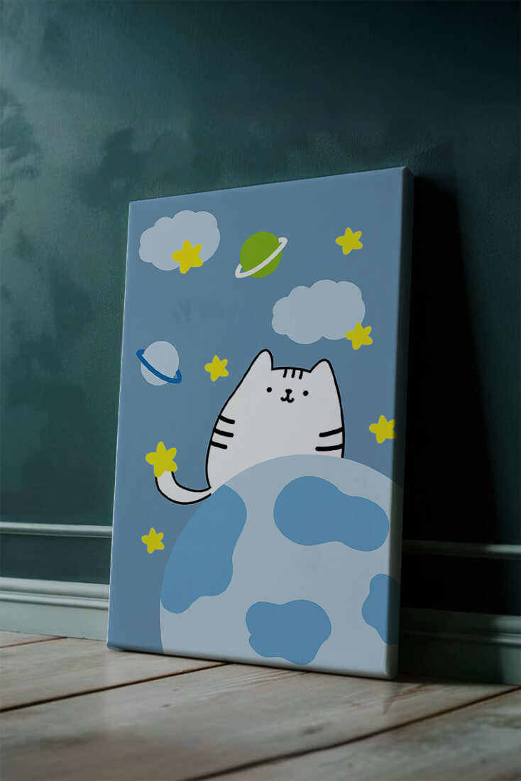 Ilustración encantadora de un gatito en una escena espacial caprichosa con nubes y estrellas