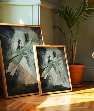 Dynamic illustration of a warrior in flowing robes with a spear
