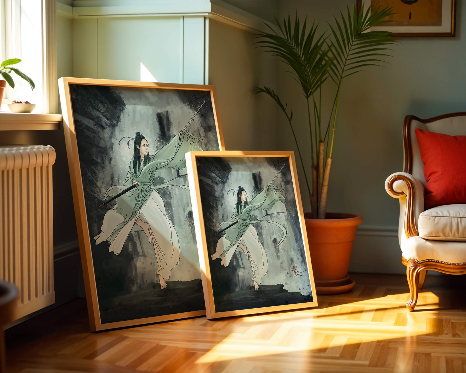 Dynamic illustration of a warrior in flowing robes with a spear