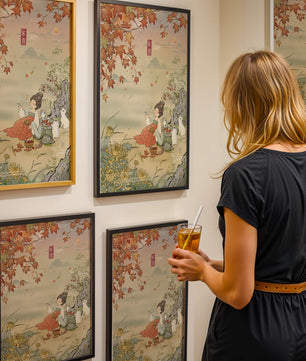 Traditional Chinese painting with autumn scenery and lady sipping tea