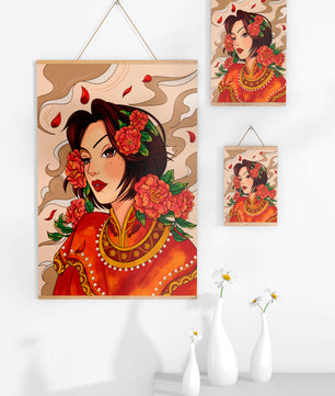 Elegantes Porträt einer Frau in traditioneller Kleidung mit floralem Haarschmuck