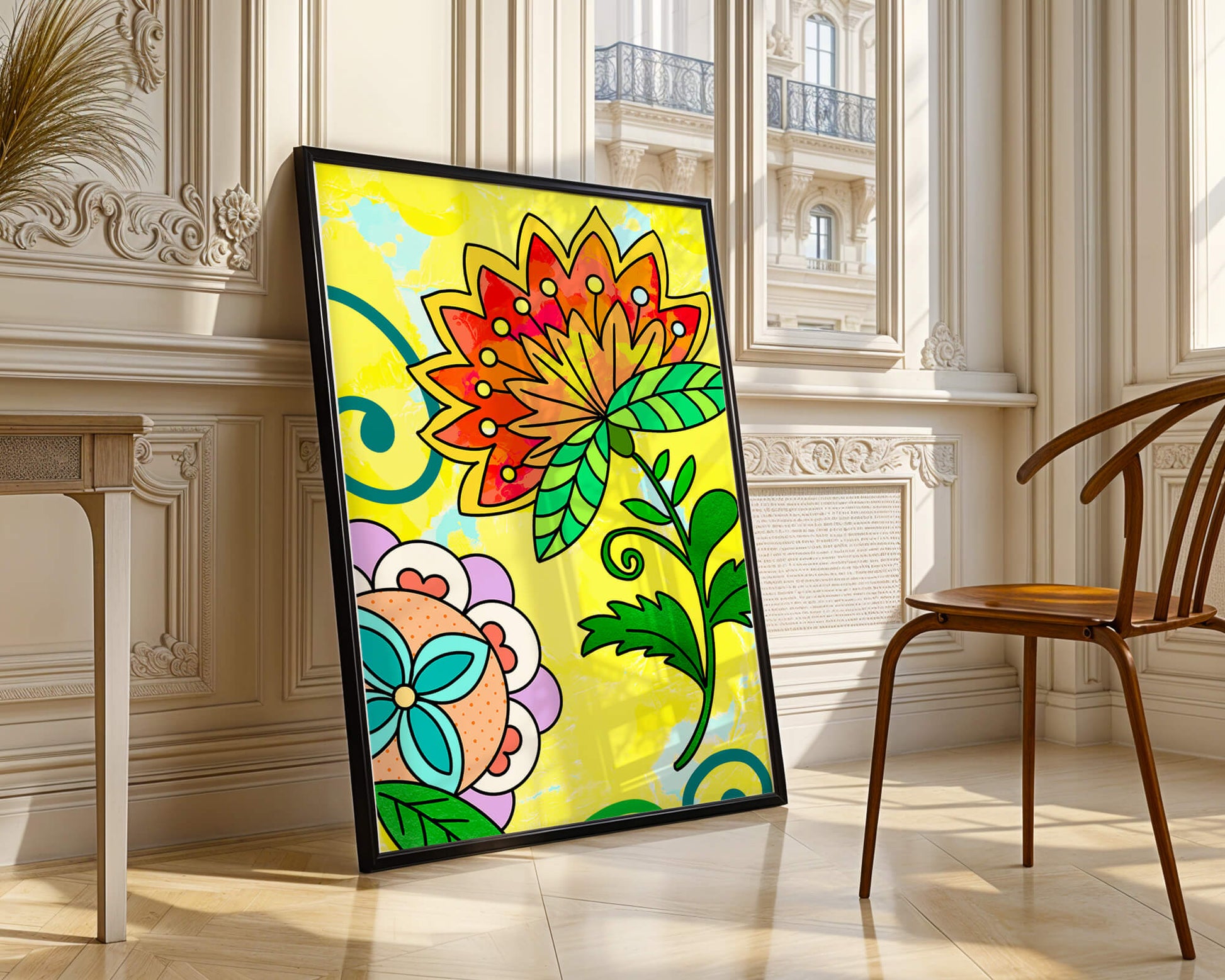 Colorful abstract floral illustration with bright yellow background