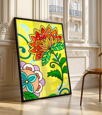 Colorful abstract floral illustration with bright yellow background