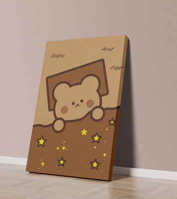 Adorable bear peeking out from a blanket with stars illustration