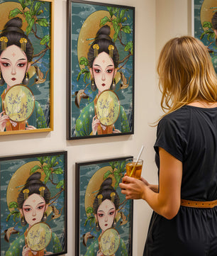 Elegante representación de una mujer con atuendo tradicional sosteniendo un abanico decorativo