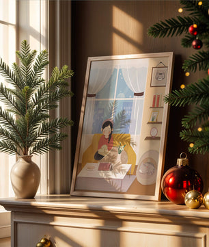 Cozy living room with a girl and a dog on a yellow sofa