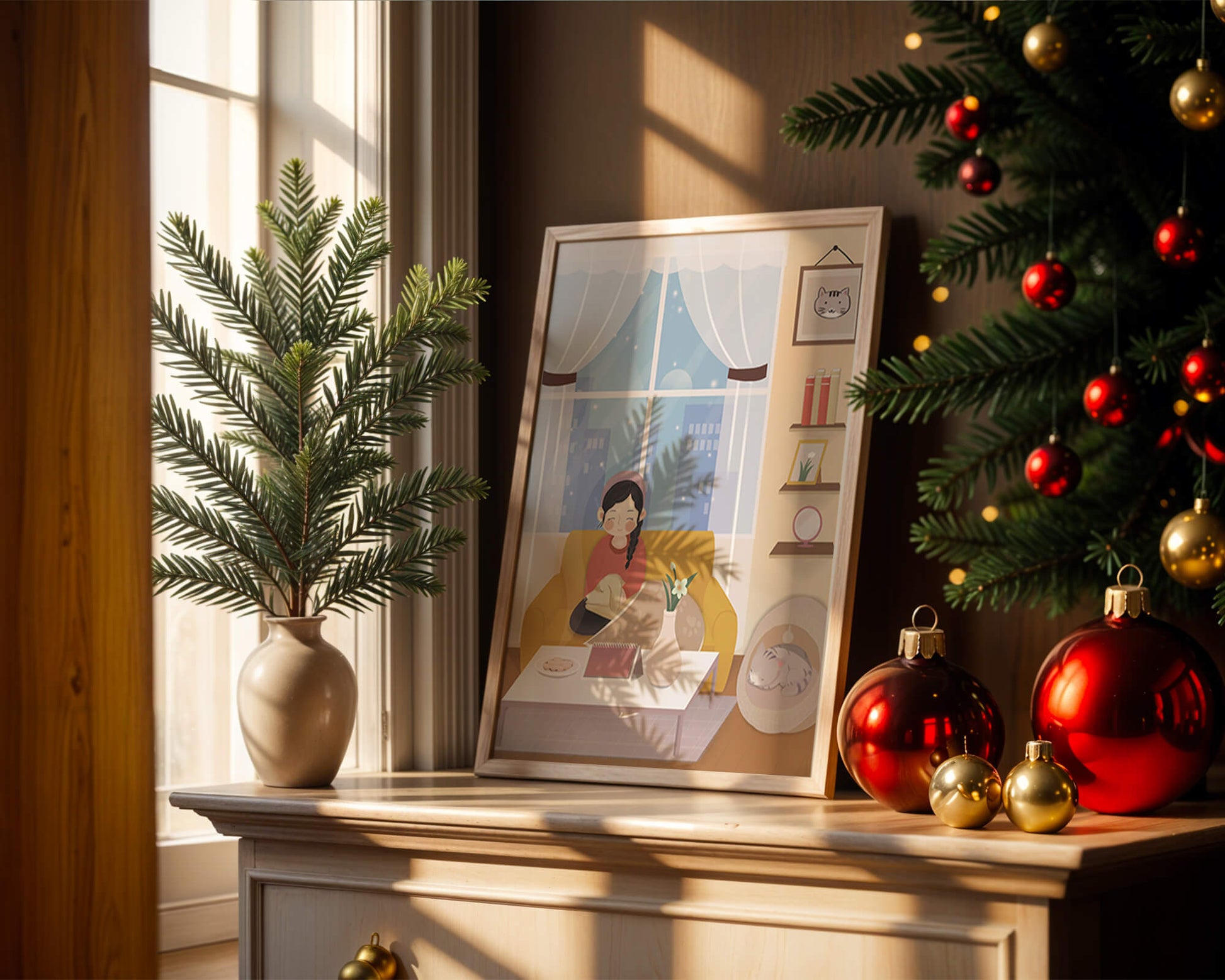 Cozy living room with a girl and a dog on a yellow sofa