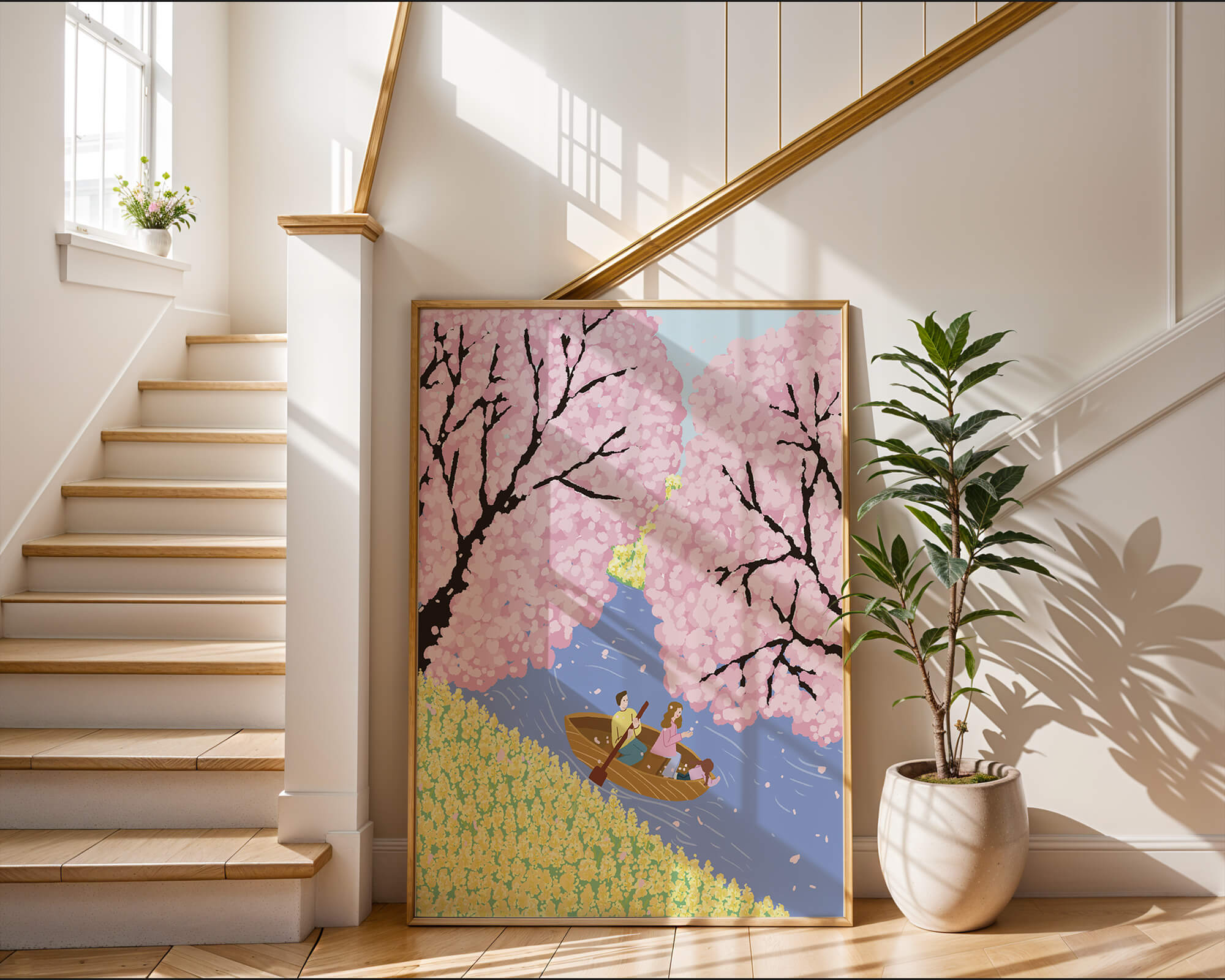Family Rowing on Serene River with Cherry Blossoms