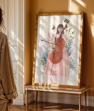 Girl Playing Cello Surrounded by Nature with Butterflies - Mi tienda
