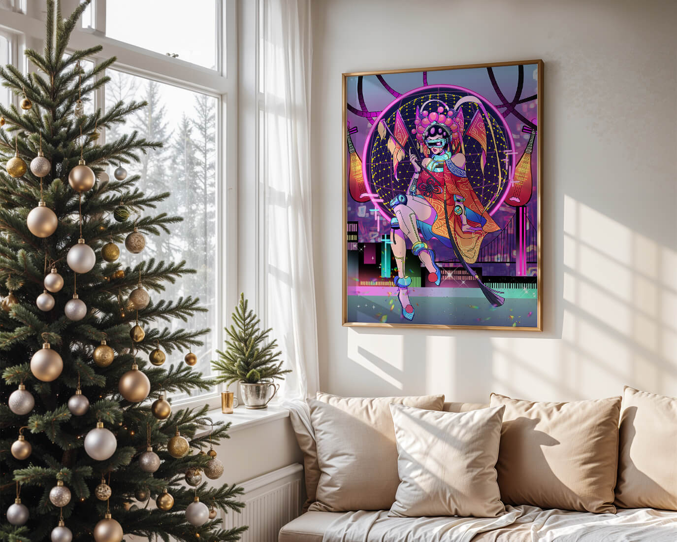 Futuristic geisha with neon lights and traditional elements