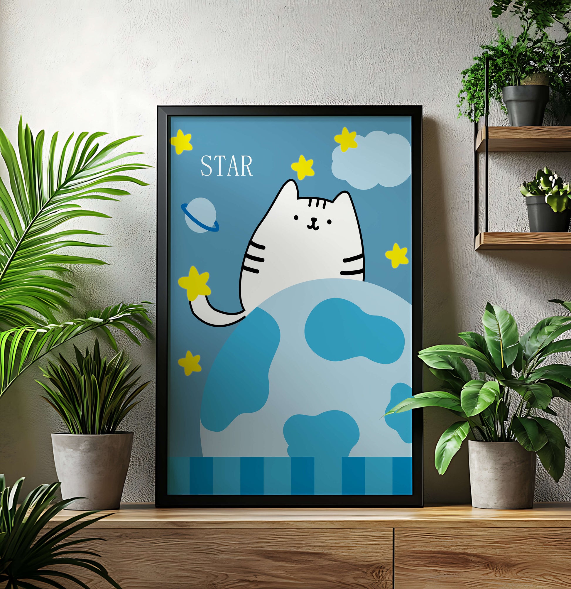 Illustration of a cute cat in space with stars and planets