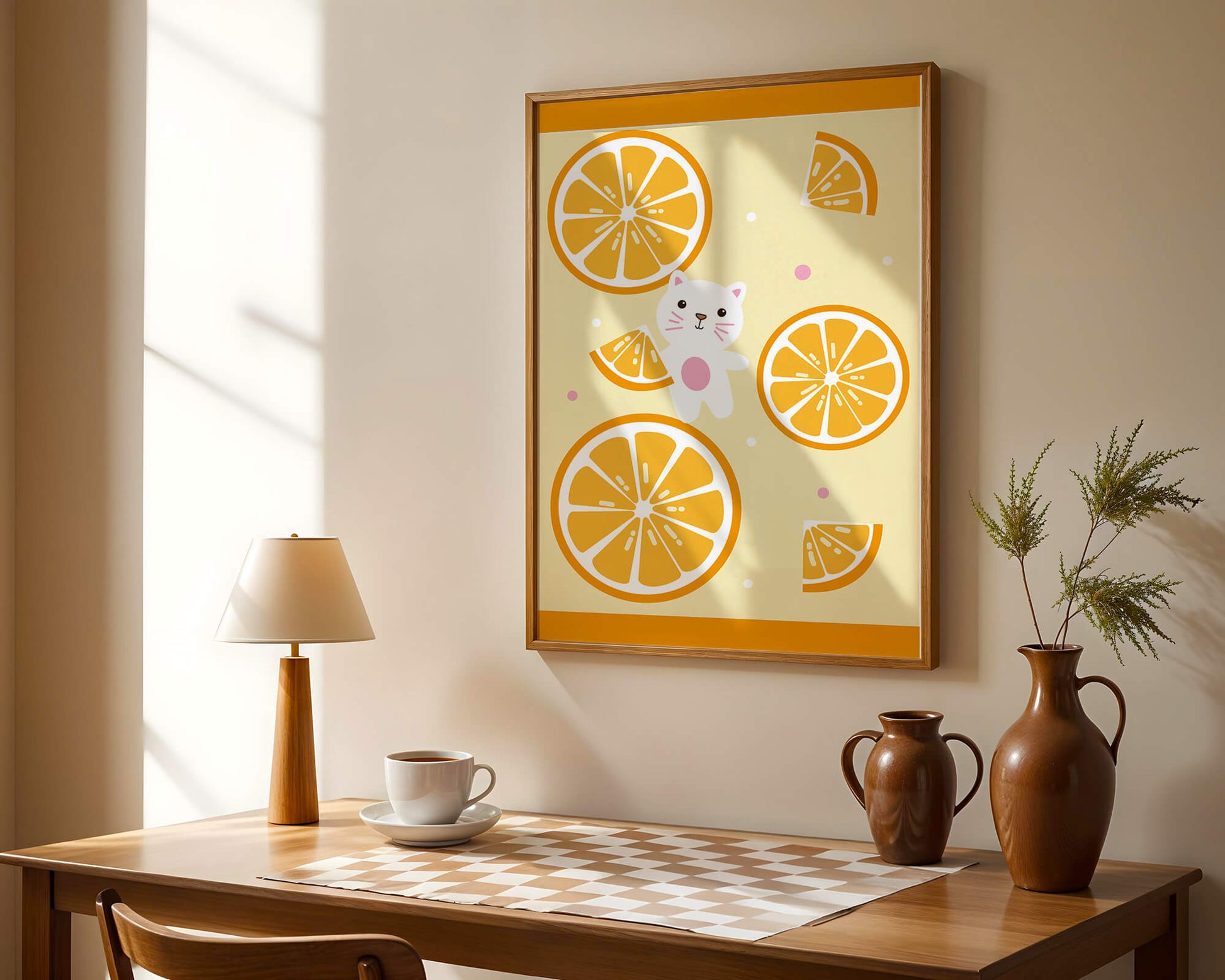 Illustration of a playful cat with orange slices on a colorful background