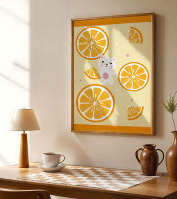 Illustration of a playful cat with orange slices on a colorful background