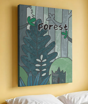 Illustrated forest scene with foliage and text