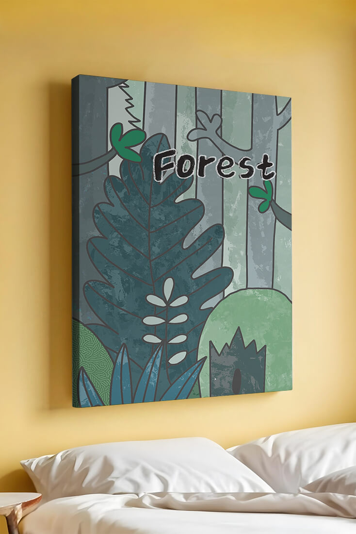 Illustrated forest scene with foliage and text