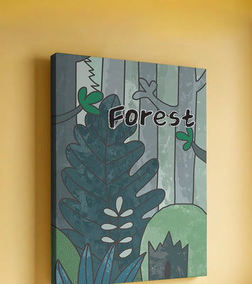Illustrated forest scene with foliage and text