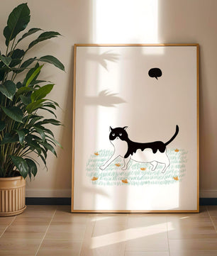 Whimsical cat illustration in field of flowers