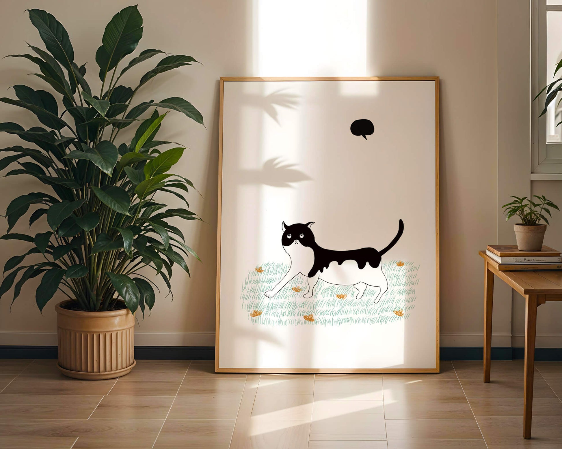 Whimsical cat illustration in field of flowers