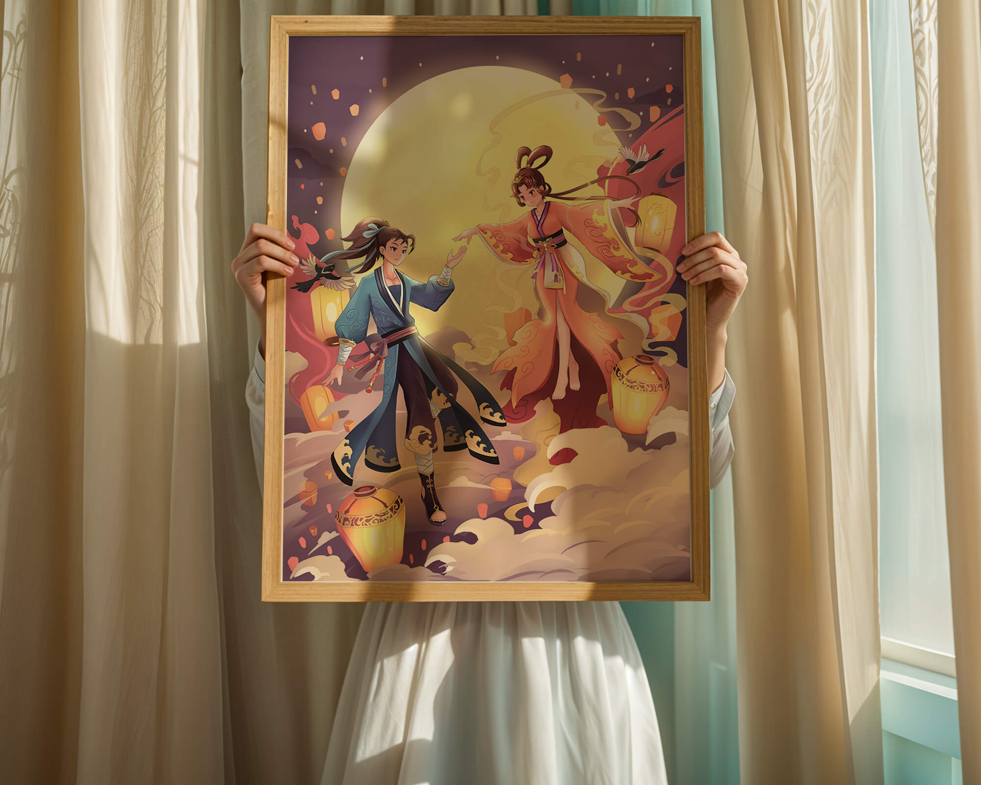 Elegant moonlit fantasy scene with traditional attire