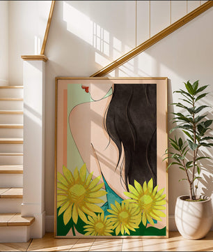 Ilustración de una mujer elegante con girasoles y cabello largo y oscuro