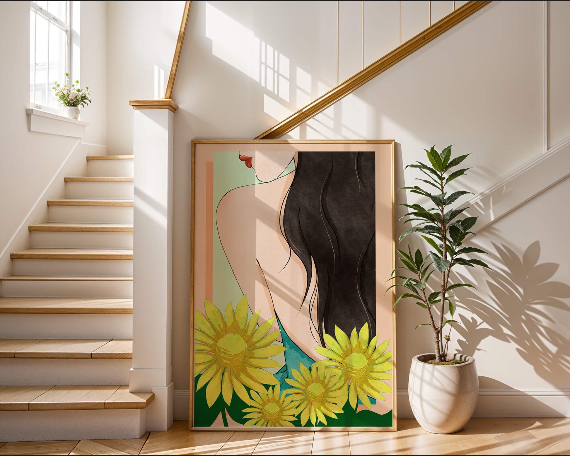 Ilustración de una mujer elegante con girasoles y cabello largo y oscuro