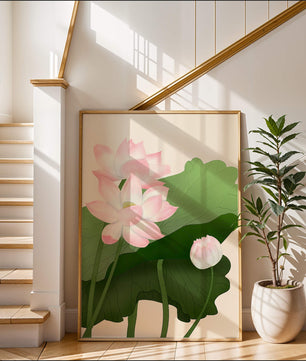 Delicate pink lotus flowers with verdant green leaves