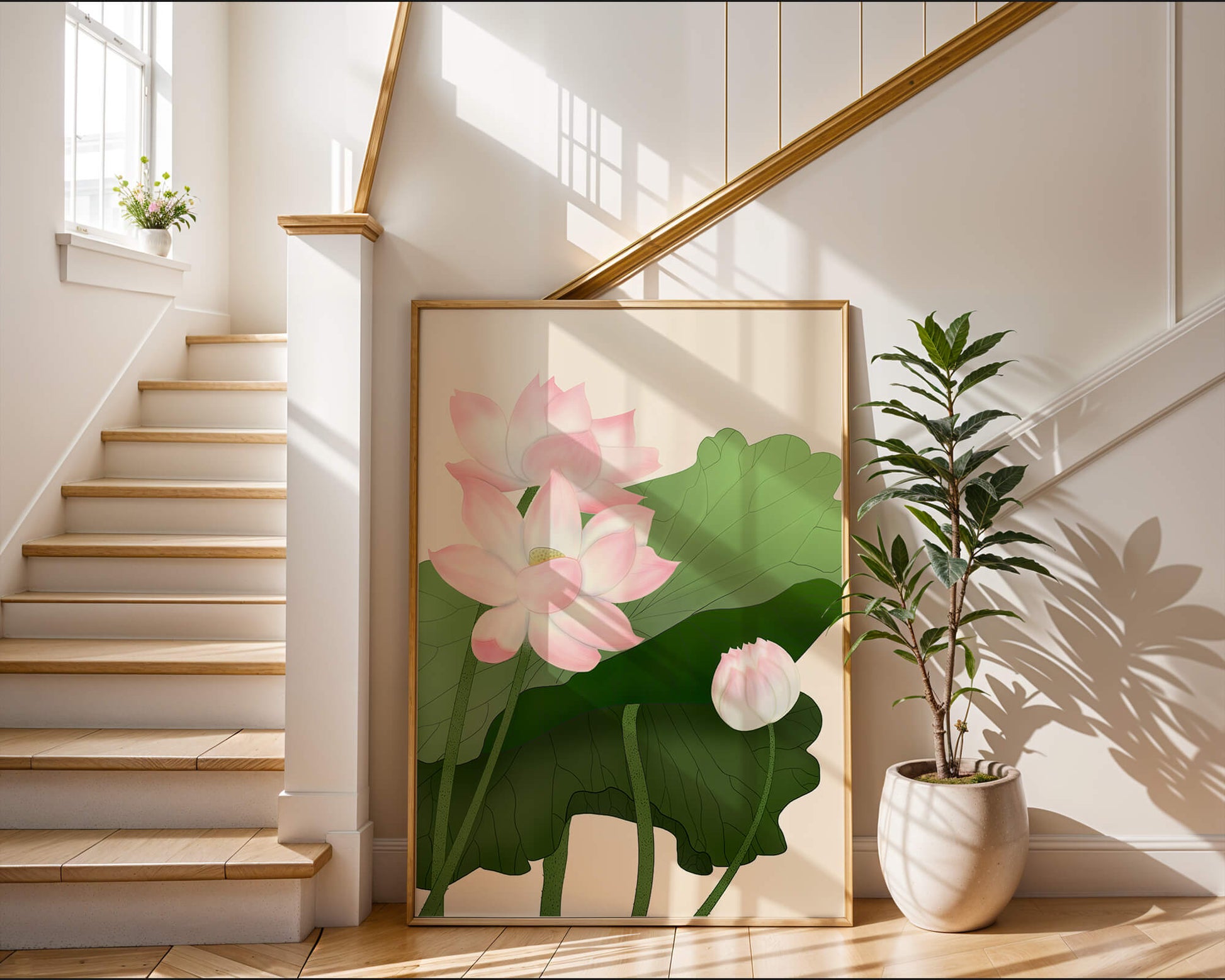 Delicate pink lotus flowers with verdant green leaves
