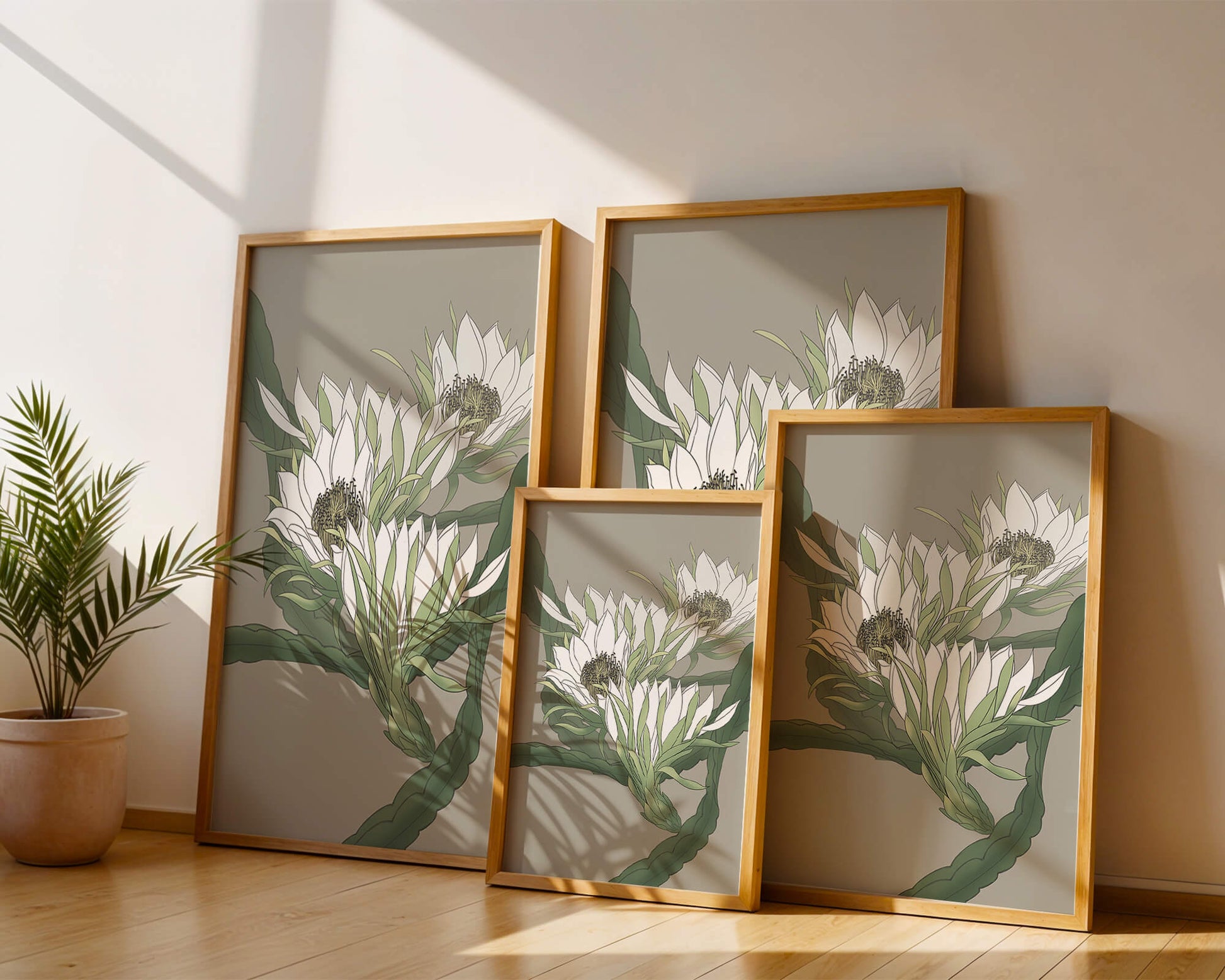 Beautiful botanical illustration of white blooming flowers with green leaves
