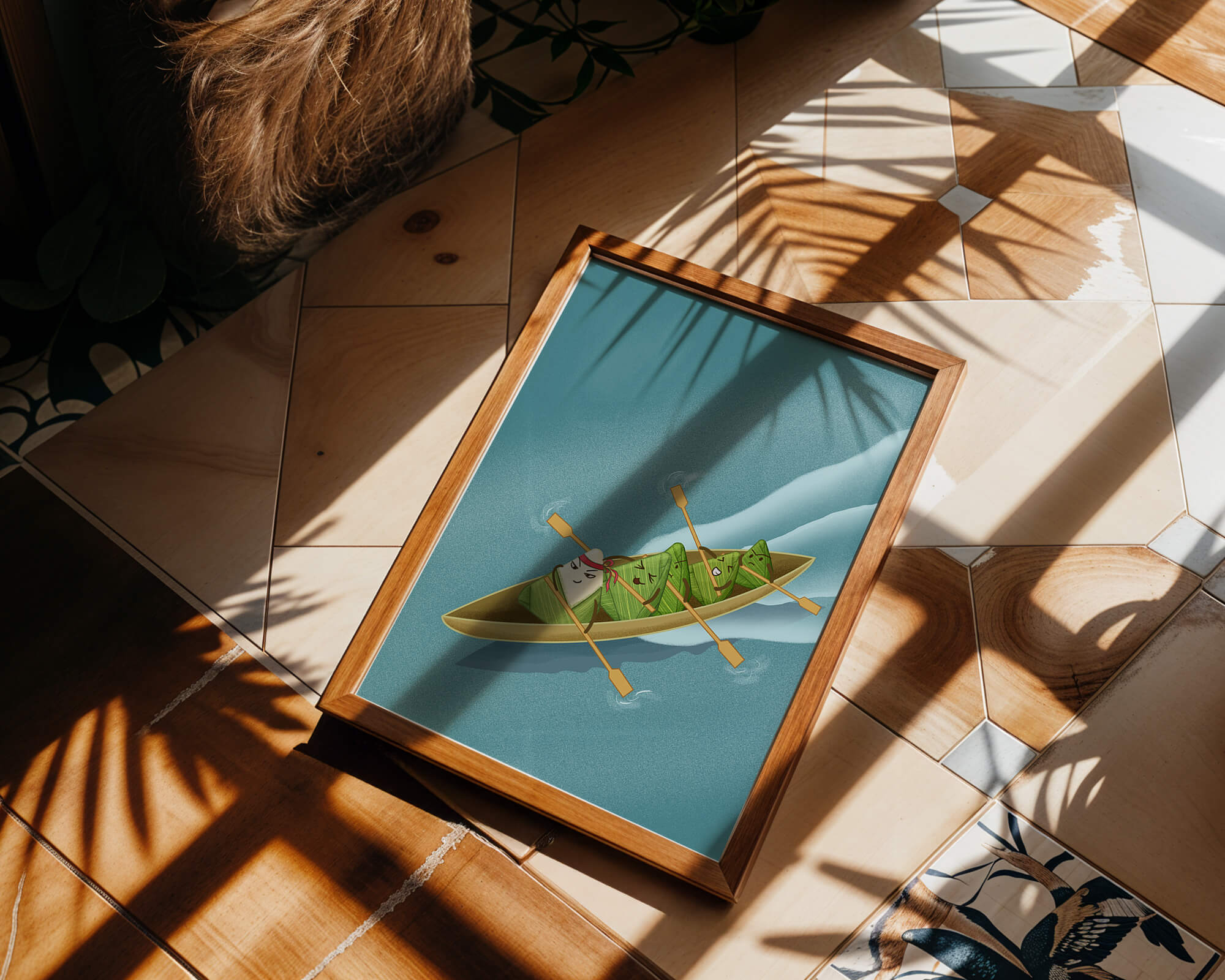 Charming illustration of rice dumplings rowing a boat with expressions