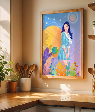 Ilustración de fantasía de una mujer en un jardín cósmico con colores vibrantes