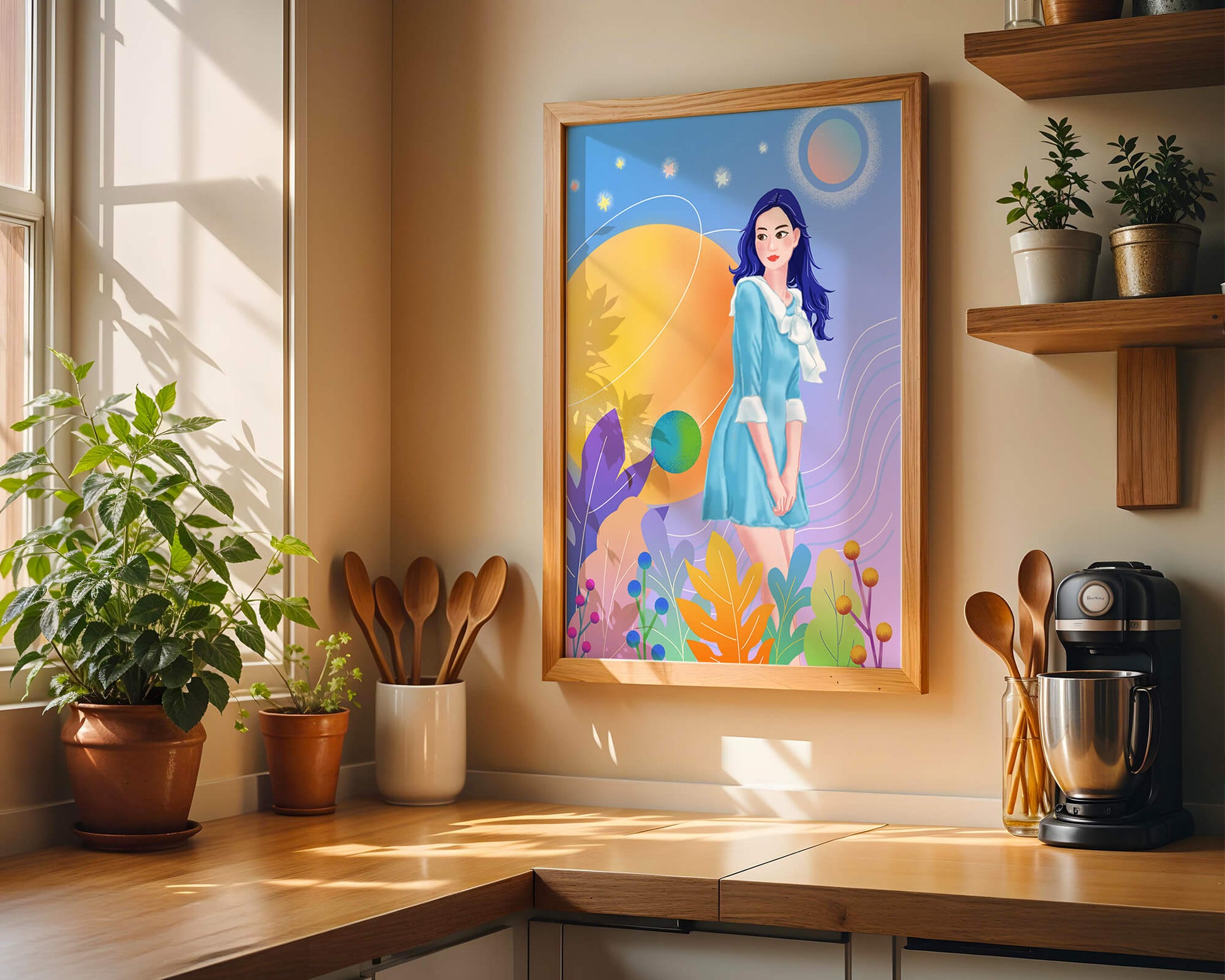 Ilustración de fantasía de una mujer en un jardín cósmico con colores vibrantes