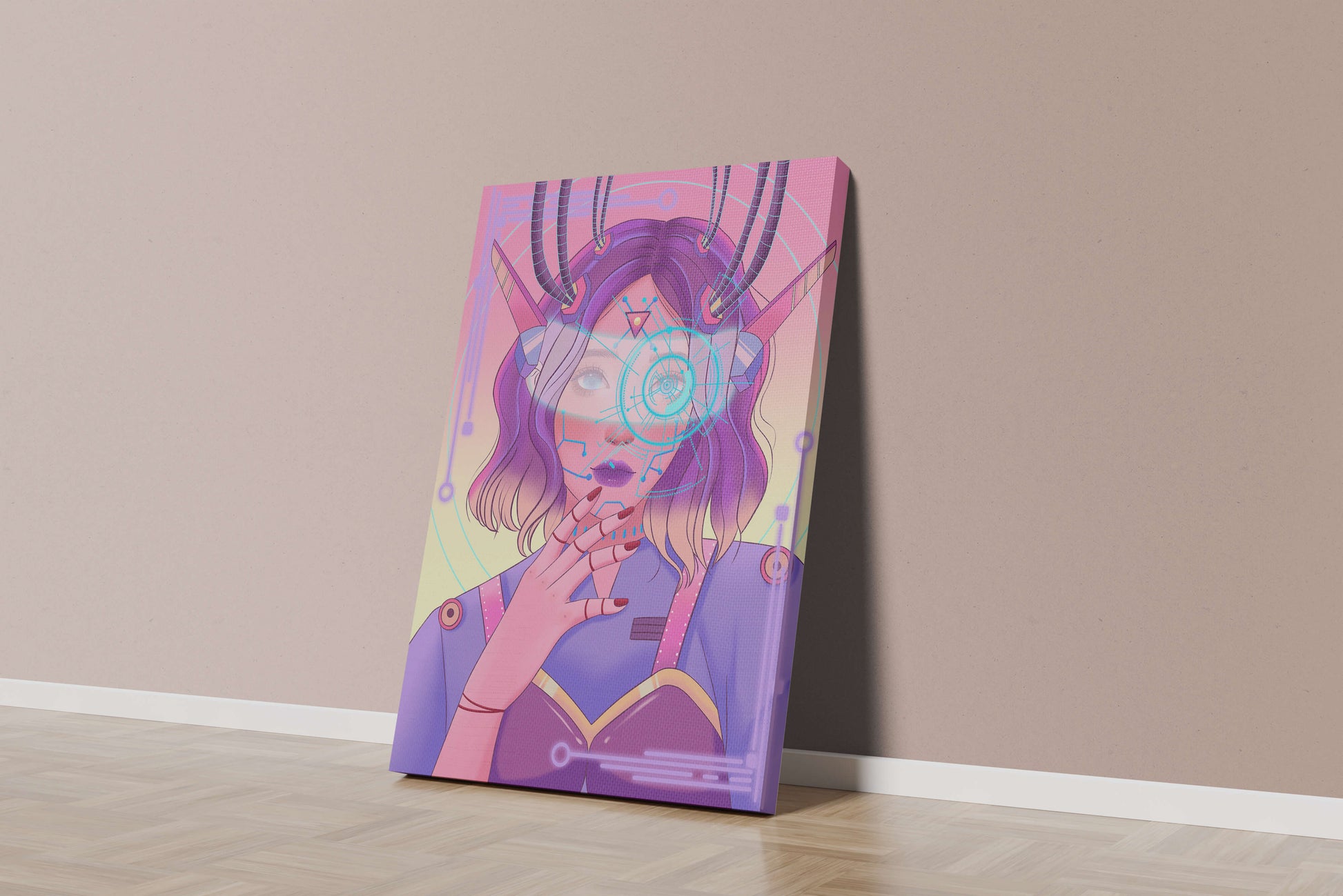 Futuristic digital art featuring a cybernetic woman with a holographic interface