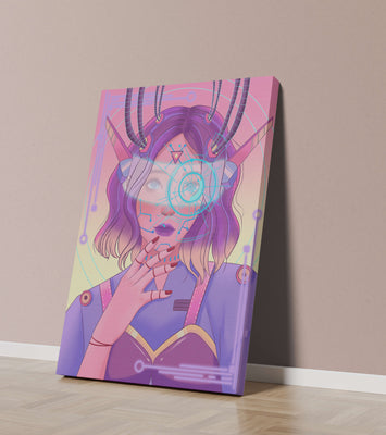 Futuristic digital art featuring a cybernetic woman with a holographic interface