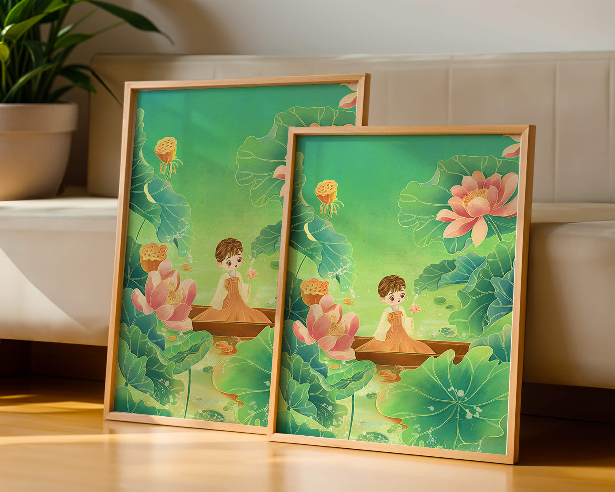 Serene illustration with girl among lotus flowers and green leaves