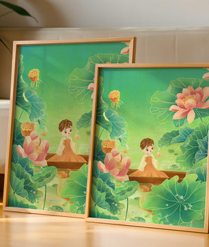 Serene illustration with girl among lotus flowers and green leaves