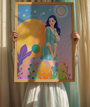 Ilustración de fantasía de una mujer en un jardín cósmico con colores vibrantes