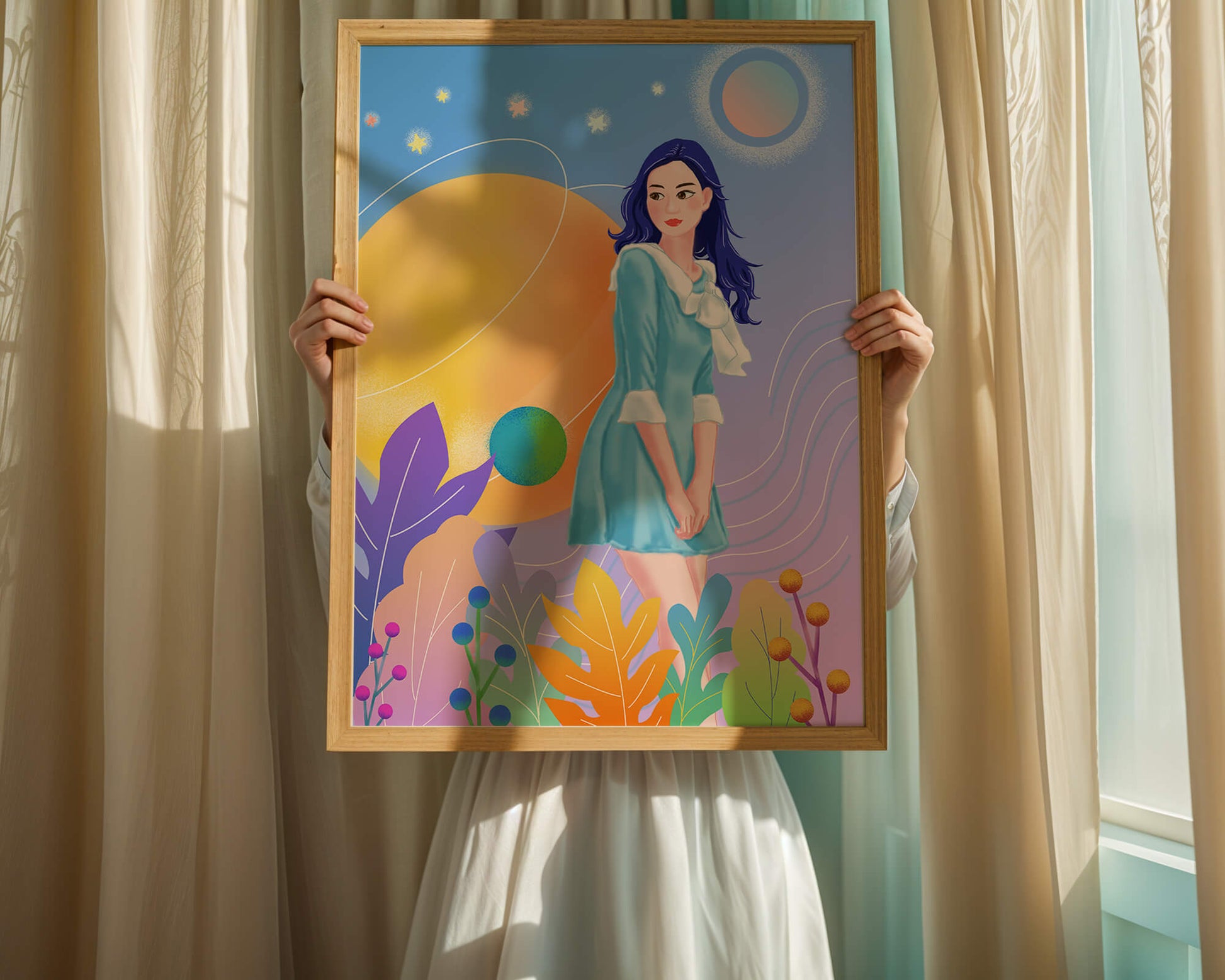 Ilustración de fantasía de una mujer en un jardín cósmico con colores vibrantes