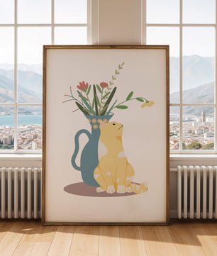 Ilustración de un gato sentado junto a un jarrón floral
