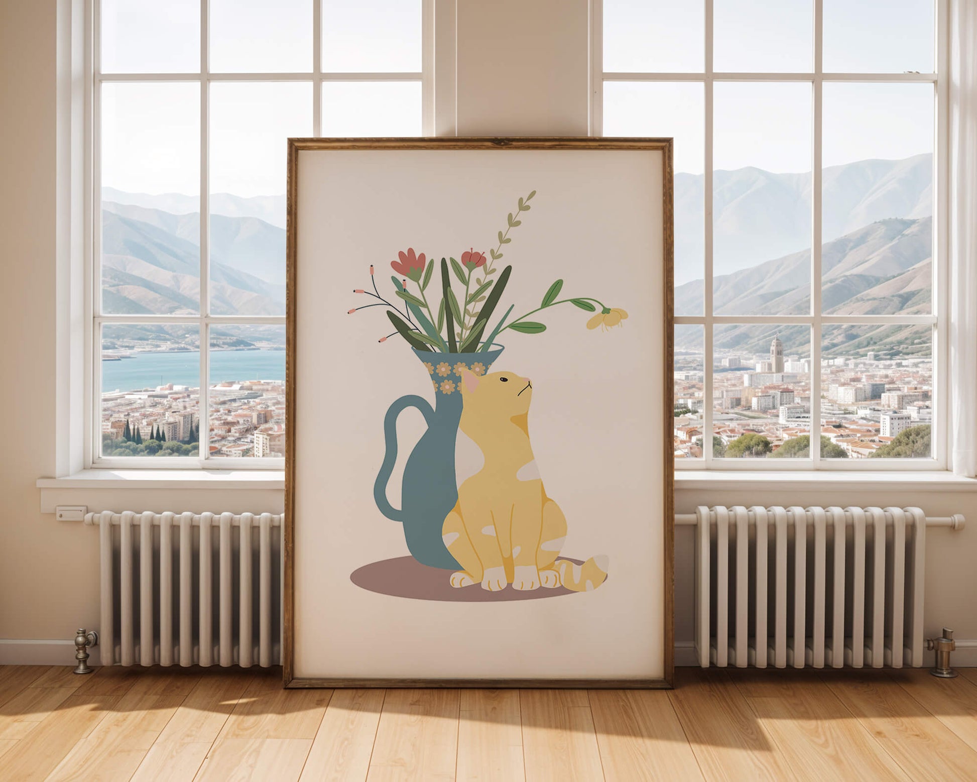 Illustration of a cat sitting beside a floral vase
