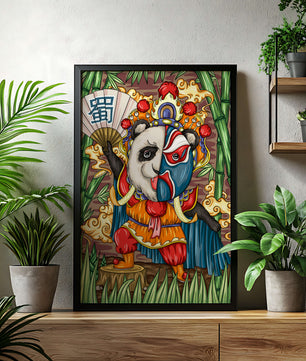 Colorful panda dressed in traditional Chinese opera costume surrounded by bamboo