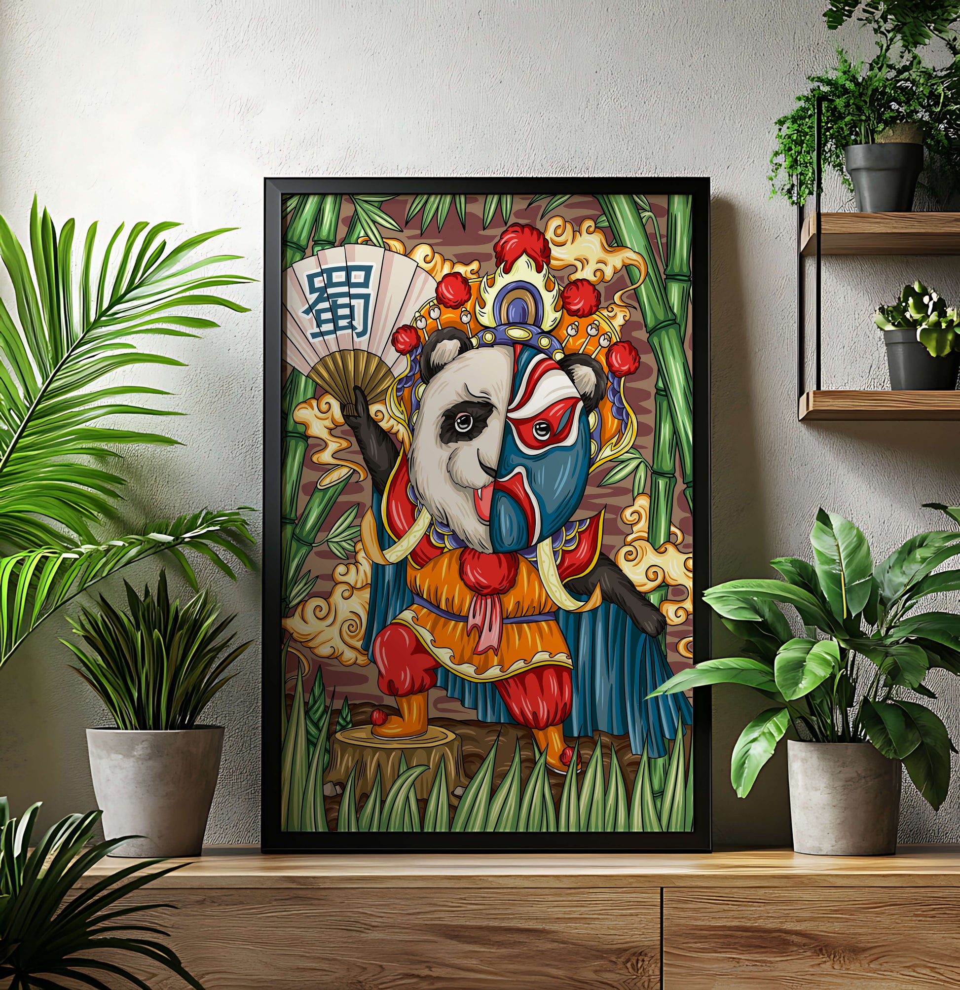 Colorful panda dressed in traditional Chinese opera costume surrounded by bamboo