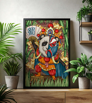 Colorful panda dressed in traditional Chinese opera costume surrounded by bamboo