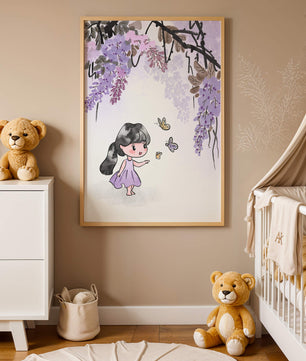 Charmante Illustration eines kleinen Mädchens mit Schmetterlingen und Glyzinienblüten